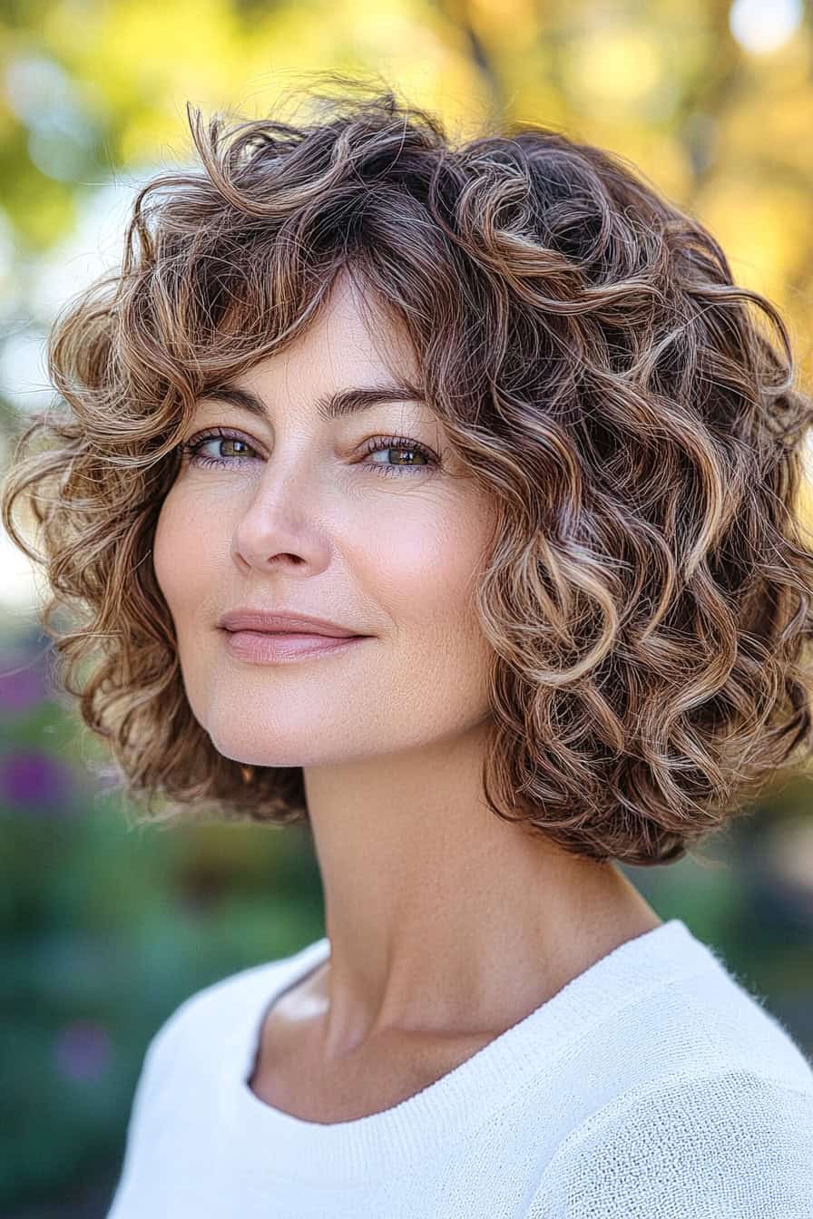 Woman with curly brown hair styled in a curly bob with defined curls, adding volume and a playful touch to her fine hair.