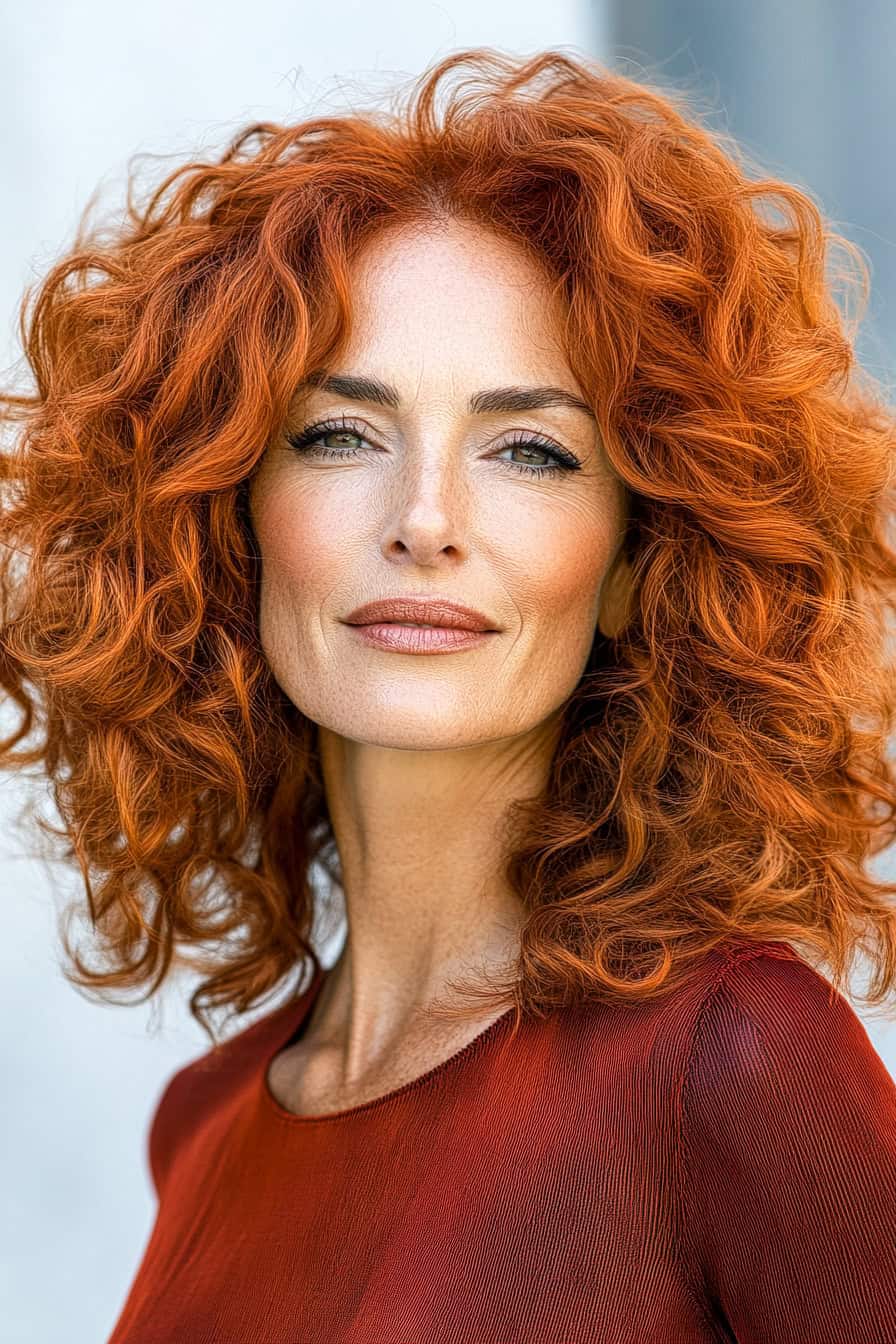 Woman with curly red hair styled in a bouncy curly blowout, adding volume and vibrancy to her fine hair.