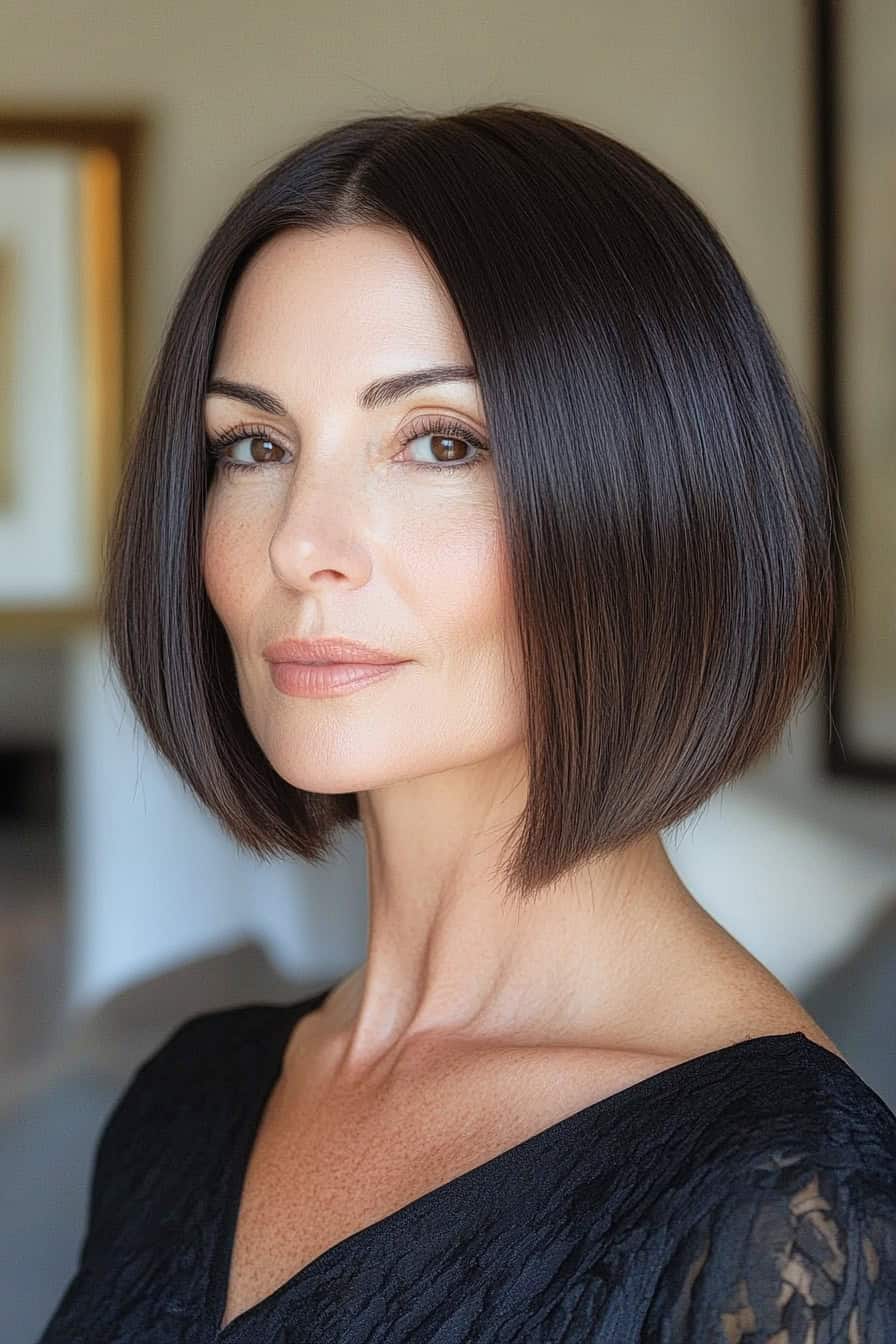 Woman with dark brown bob haircut, showcasing a sleek and modern style.