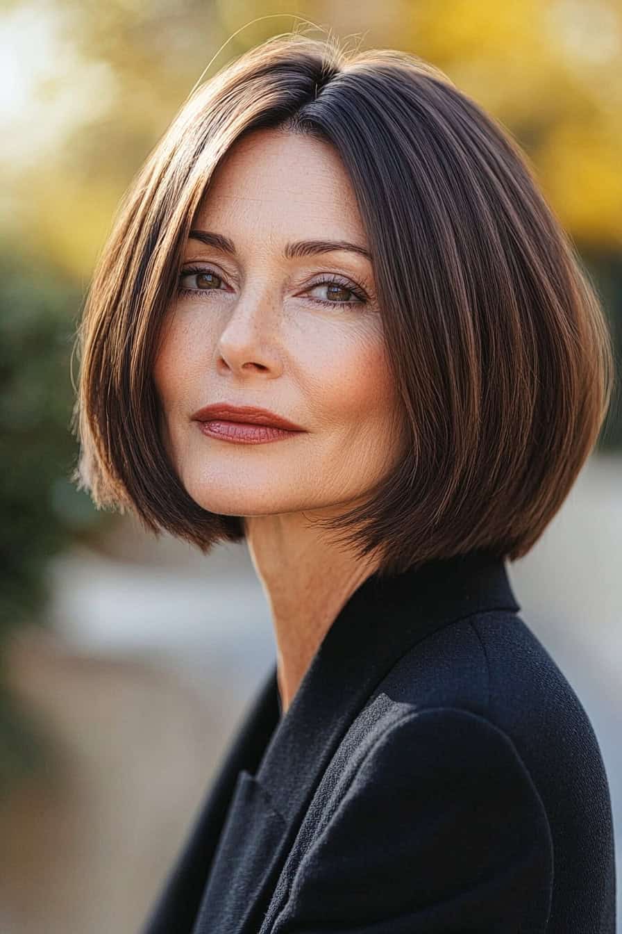 Woman with dark brown bob hairstyle styled in a traditional chin-length bob, adding volume and timeless elegance.