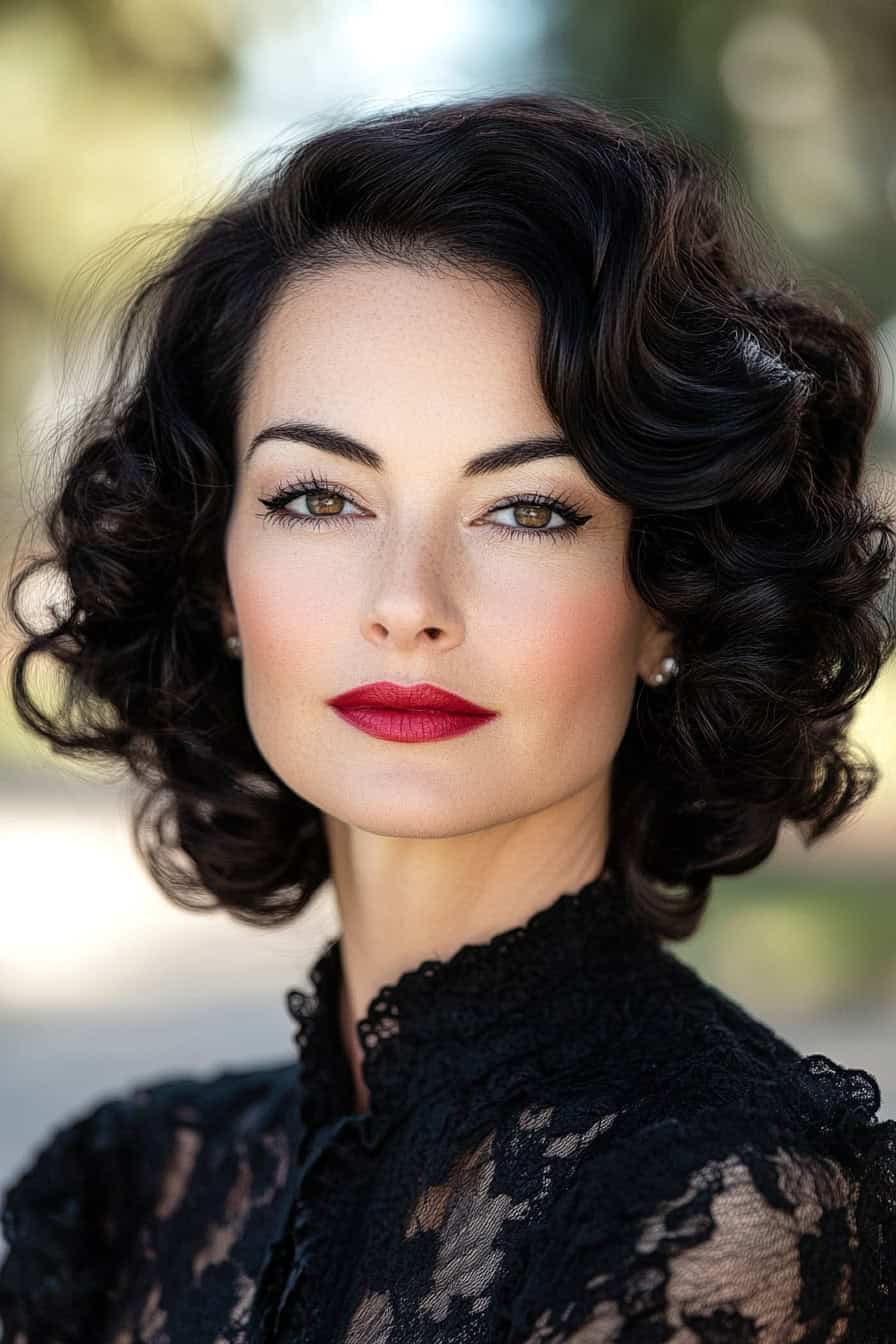 Elegant woman with dark curls styled in a vintage-inspired roaring 20s hairstyle, adding volume and glamour to her fine hair.