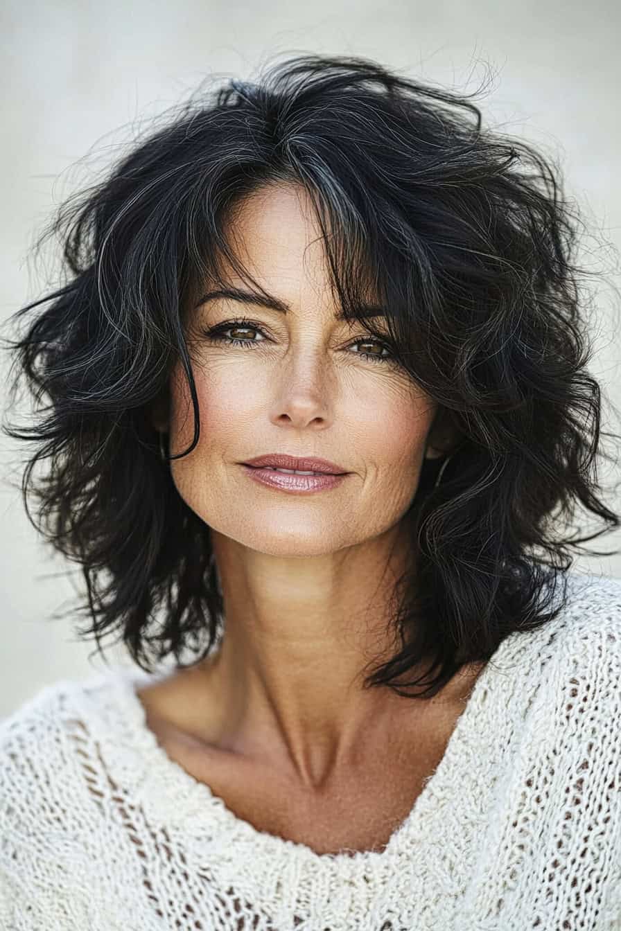 Woman with dark curly hair styled in an effortless wavy shag, adding volume and an elegant touch to her fine hair.