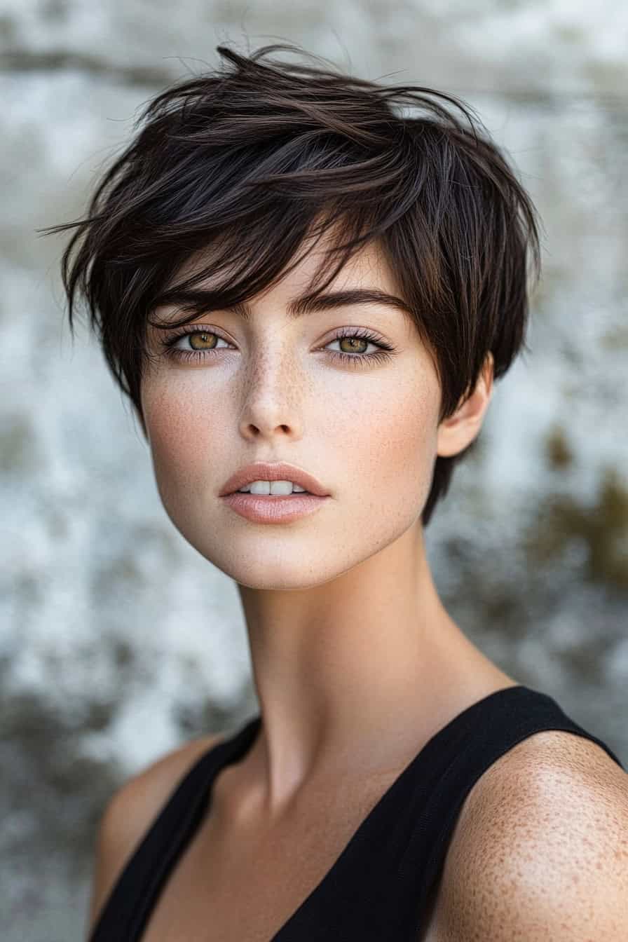 Woman with dark tousled brunette pixie cut, featuring choppy layers for a modern and textured look.