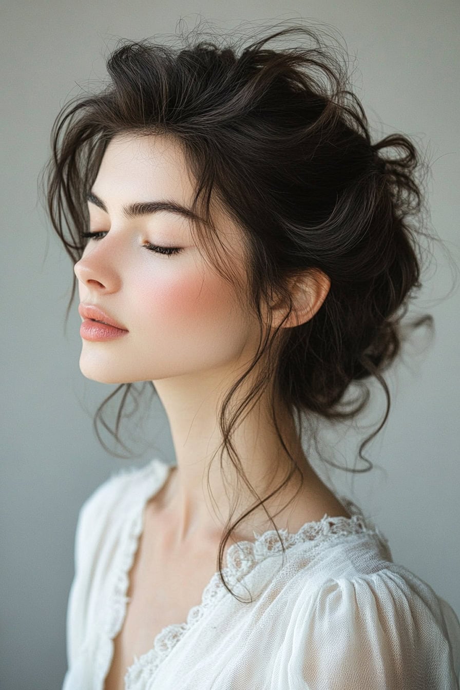 Woman with dark updo hairstyle featuring romantic loose strands, ideal for oval faces.