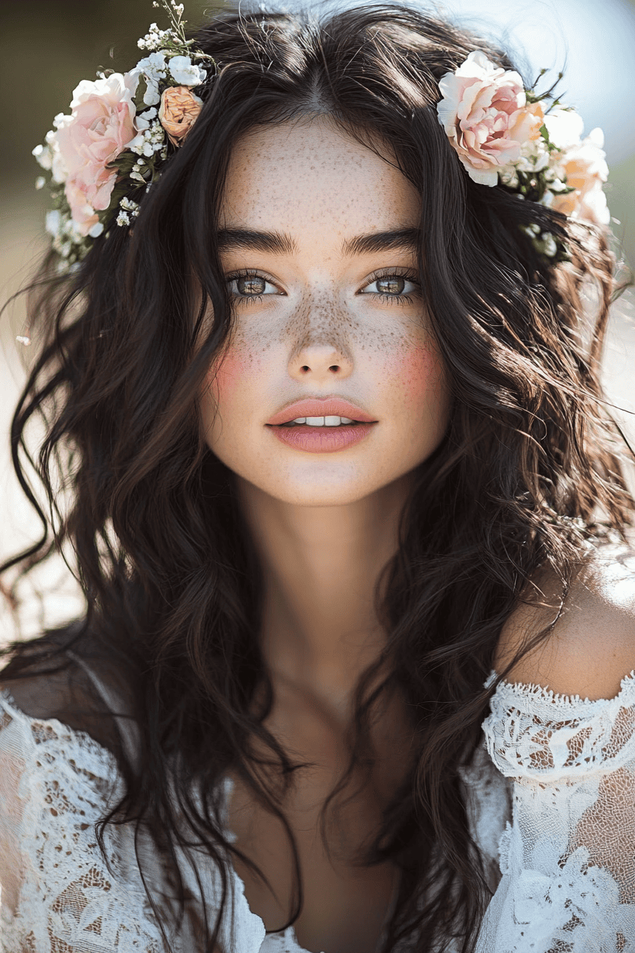 Young woman with wavy brown hair and floral crown radiates natural beauty in lace top.