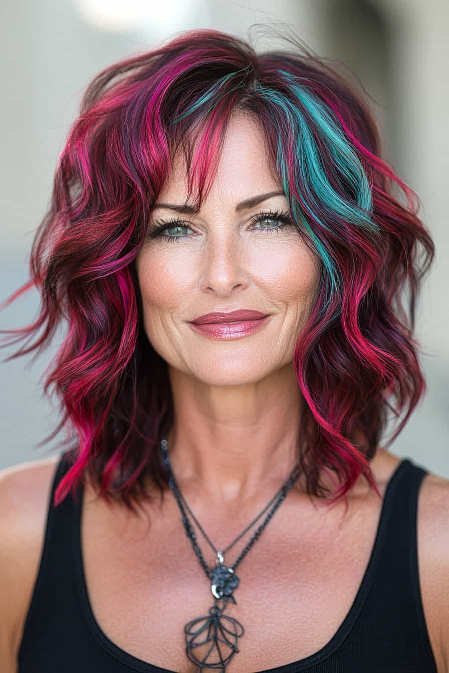 Woman with dark wavy hair featuring bold pink highlights styled in a classic shag, adding vibrancy and an edgy twist to her fine hair.