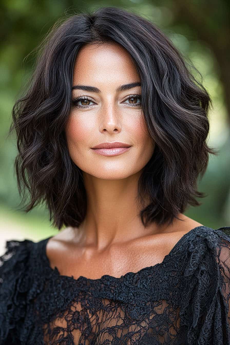 Woman with dark wavy hair styled in no-heat waves, offering textured and effortless volume without heat damage.