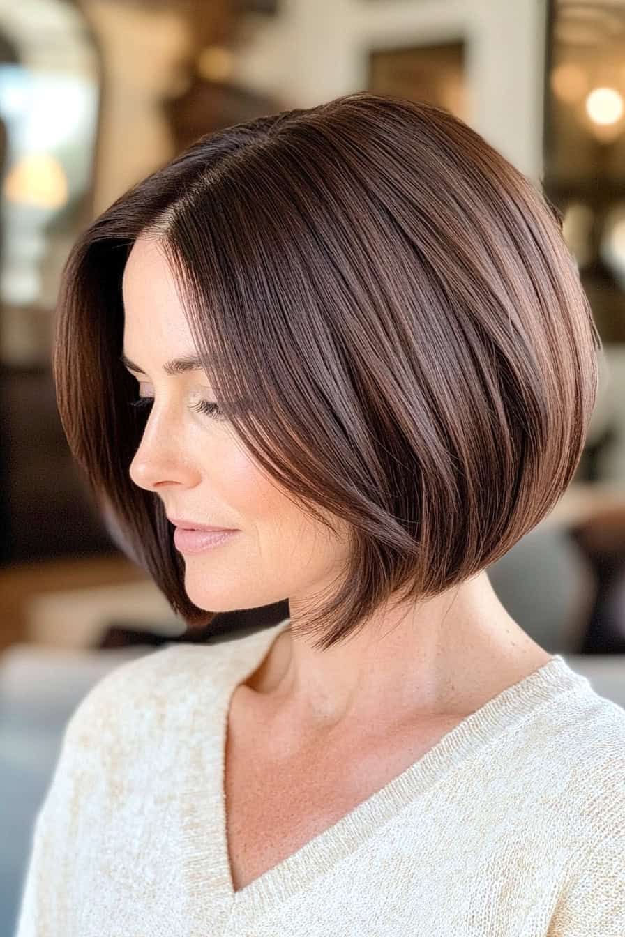 Chic woman with a glossy bob haircut and cozy sweater, radiating elegance in a stylish setting.