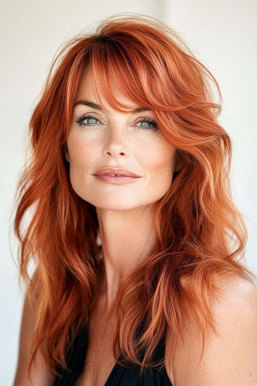 Woman with fiery red hair styled with side-swept bangs and a layered shag, adding volume and elegance to her fine hair.