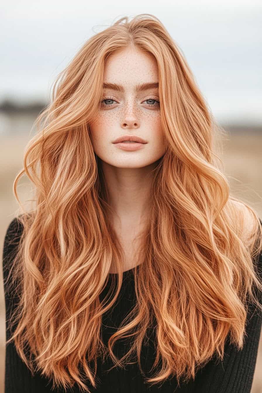 Woman with flowing auburn waves styled with layers for enhanced texture and movement.