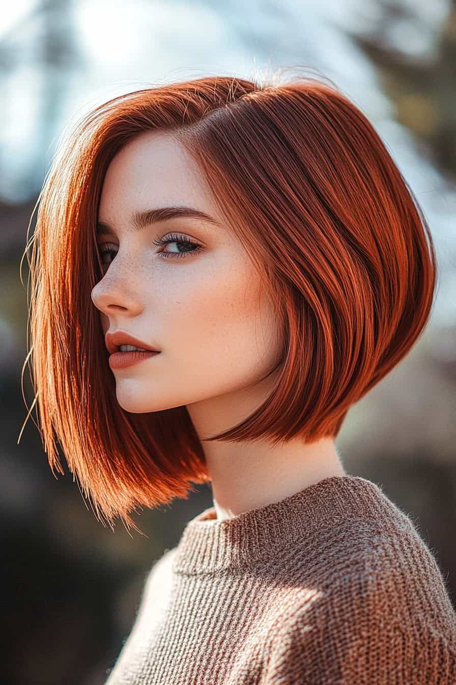 Young woman with auburn hair, blue eyes, and cozy sweater in dreamy, golden lighting.