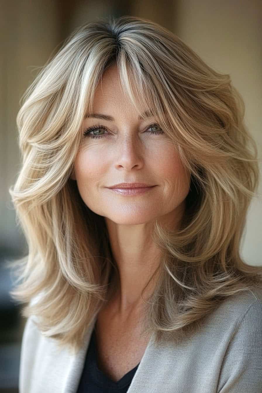 Woman with golden blonde hair styled in a layered shag, adding volume and a vibrant look to her fine hair.