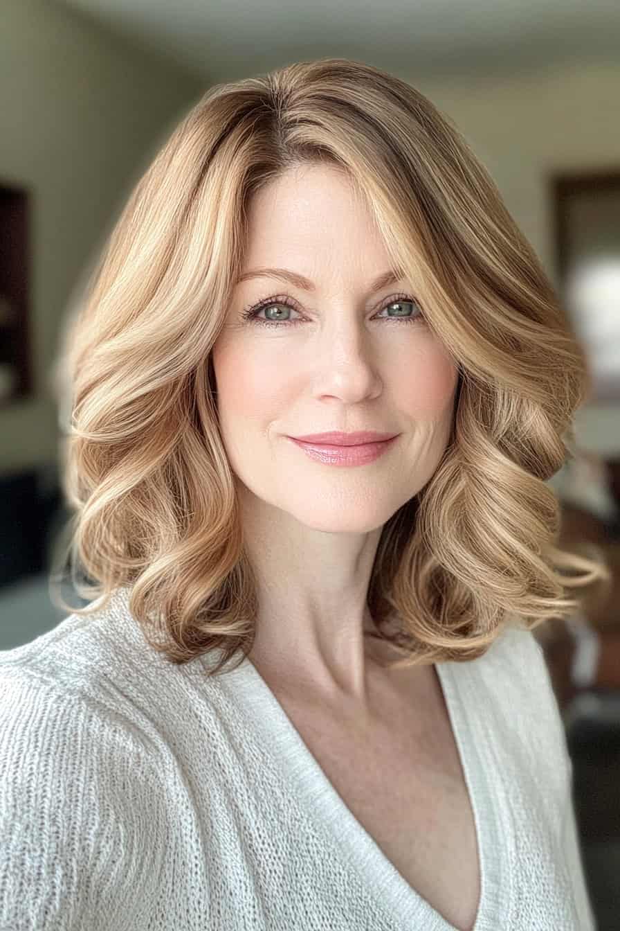 Woman with a timeless long bob featuring gentle golden blonde curls, exuding sophistication and charm.