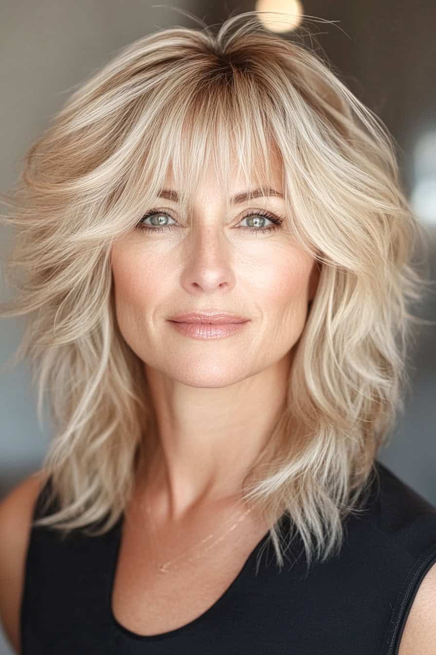 Woman with golden blonde waves styled in a bold razored shag, adding texture and an edgy vibe to her fine hair.