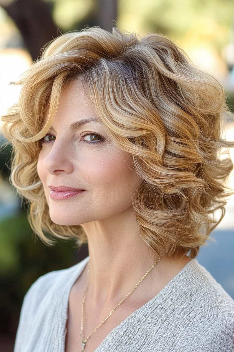 Woman with golden curls styled in a soft curly bob, adding volume and a playful vibe to her fine hair.