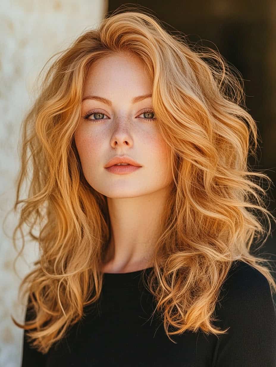 Woman with golden wavy hair featuring a soft perm, adding bounce and retro vibe to an oval face.