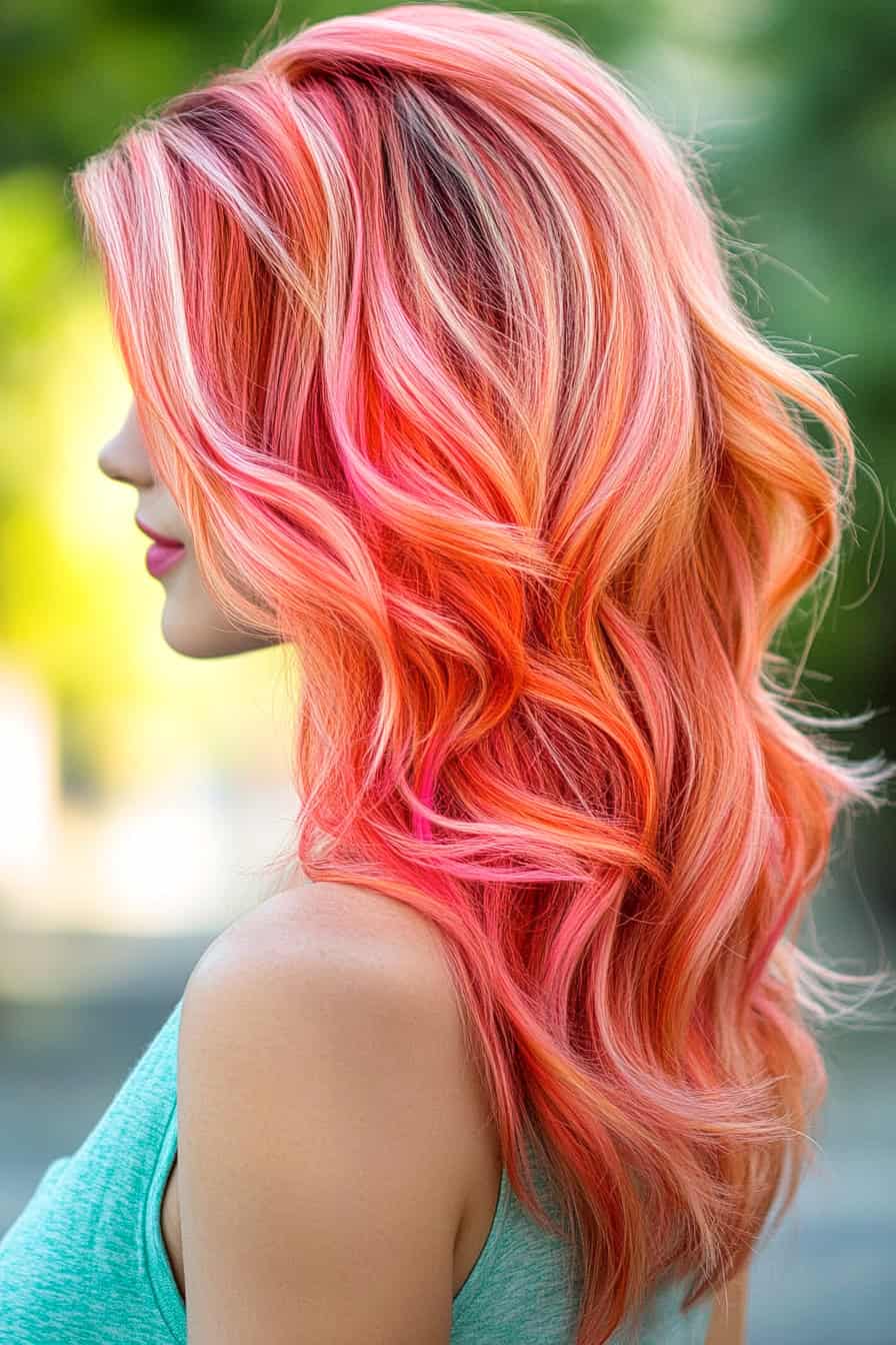 Woman with festive watermelon highlights, featuring sparkling pink and red tones perfect for parties.