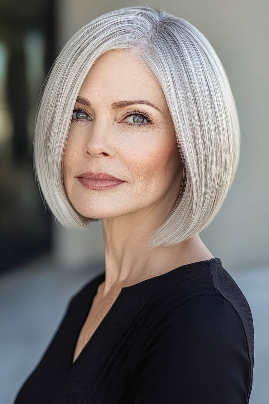 Woman with gray bob cut styled with blunt ends, creating a polished and sophisticated look with added volume.