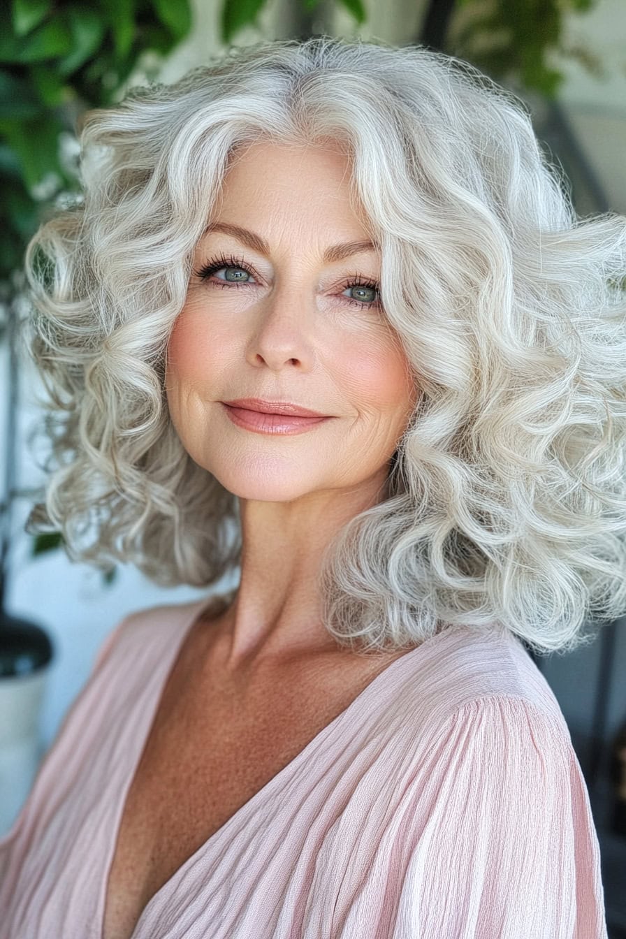 Older woman with silver curls, blue eyes, and elegant blush dress in serene setting.