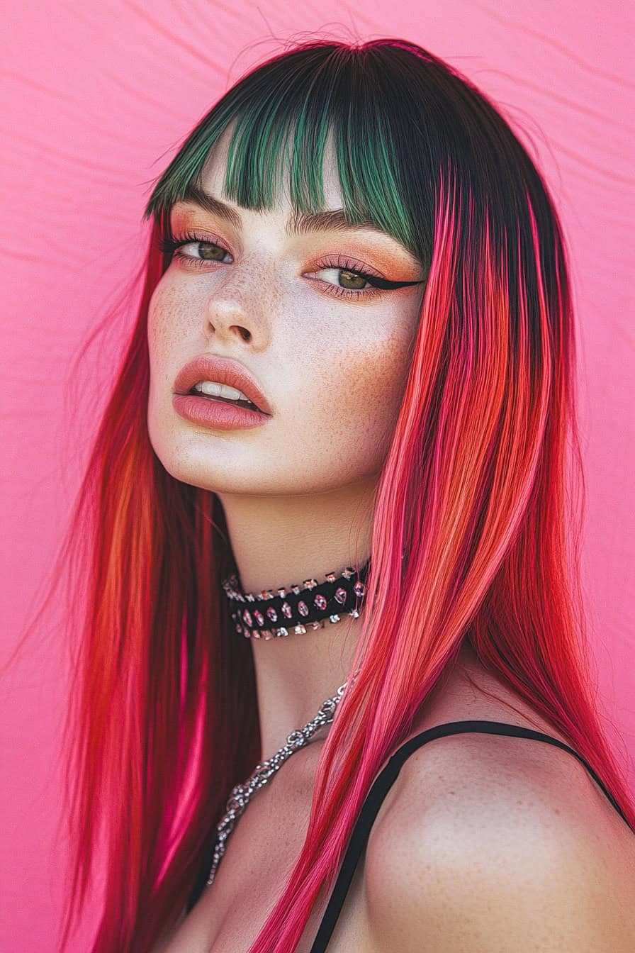 Woman with watermelon cuts featuring defined bangs, showcasing vibrant green and pink strands framing her face.