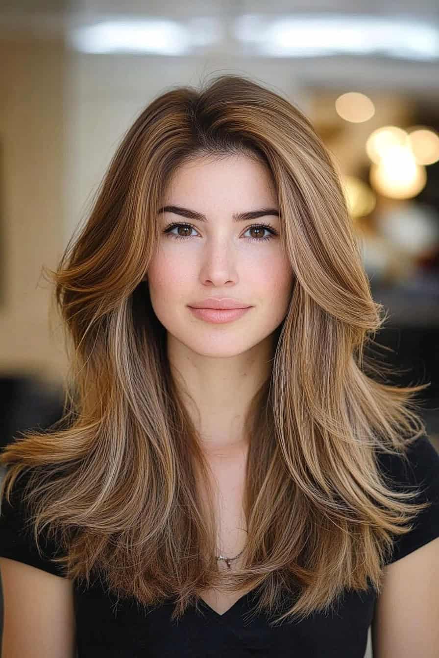 Woman with honey blonde hair styled in graduated layers that add volume and depth to thick locks.