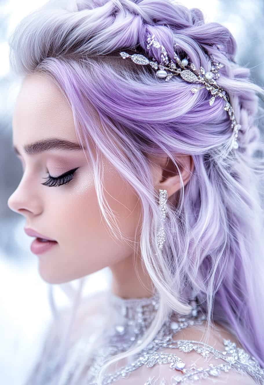 Woman with lavender silver braid hairstyle styled in statement beach waves, ideal for holiday parties.