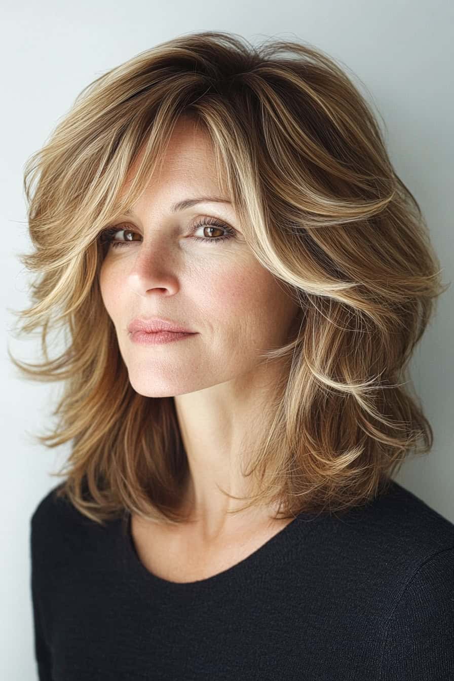 Woman with layered blonde hair styled in a quick medium shag, offering a versatile and easy-to-maintain hairstyle.