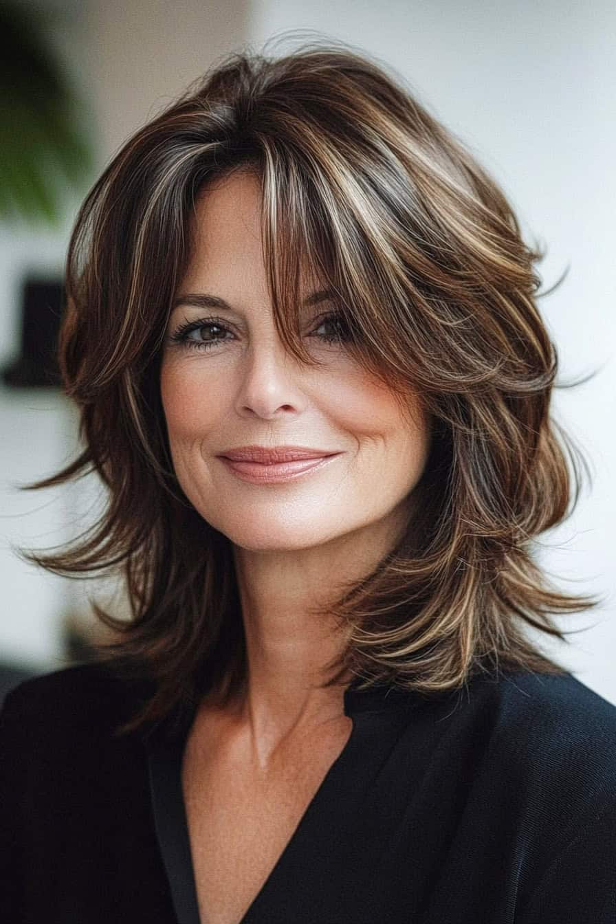 Woman with layered brown hair styled in a chic shag with a glossy finish, adding shine and volume to her fine hair.