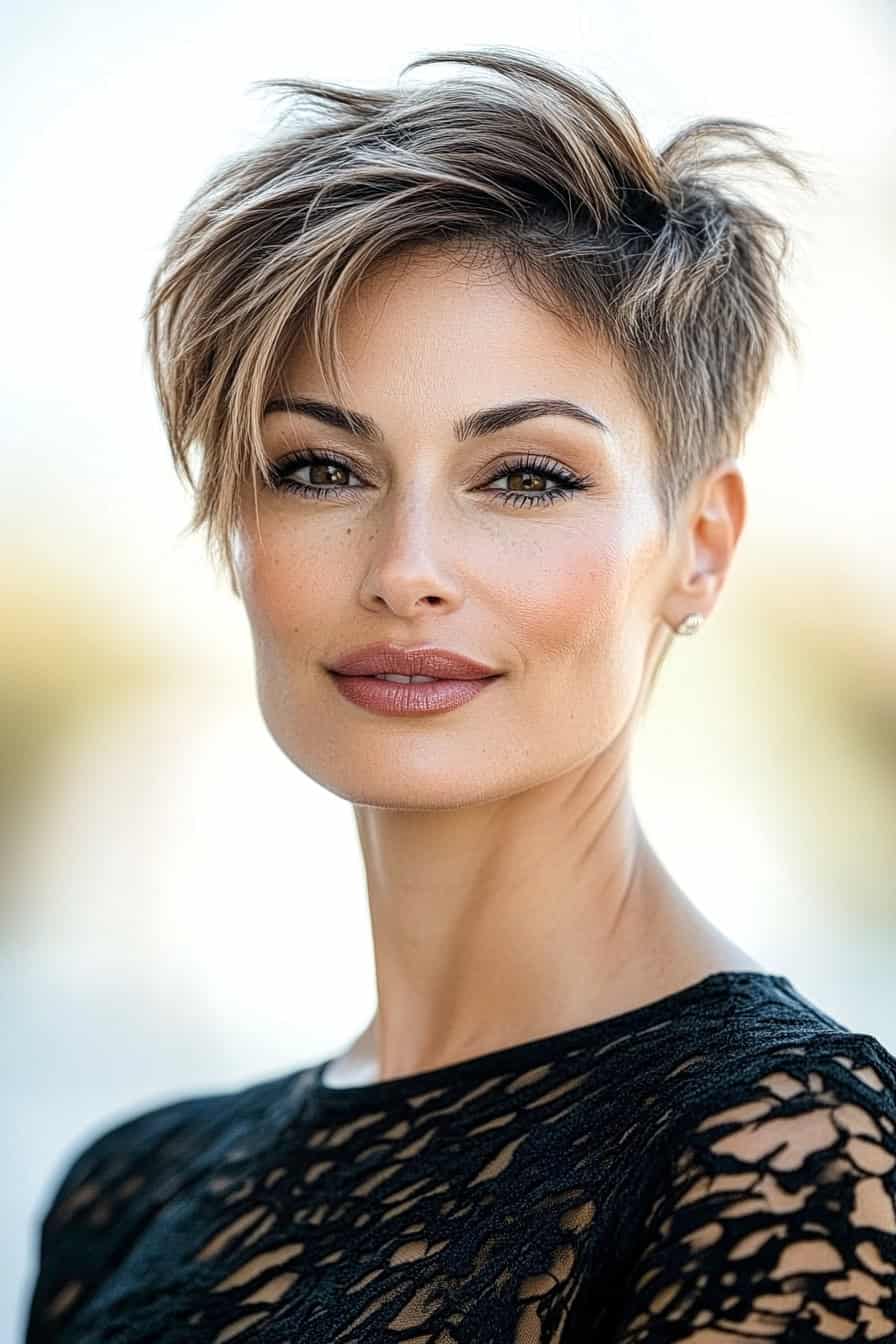 Confident woman with tousled hair in black lace top, radiating beauty outdoors.