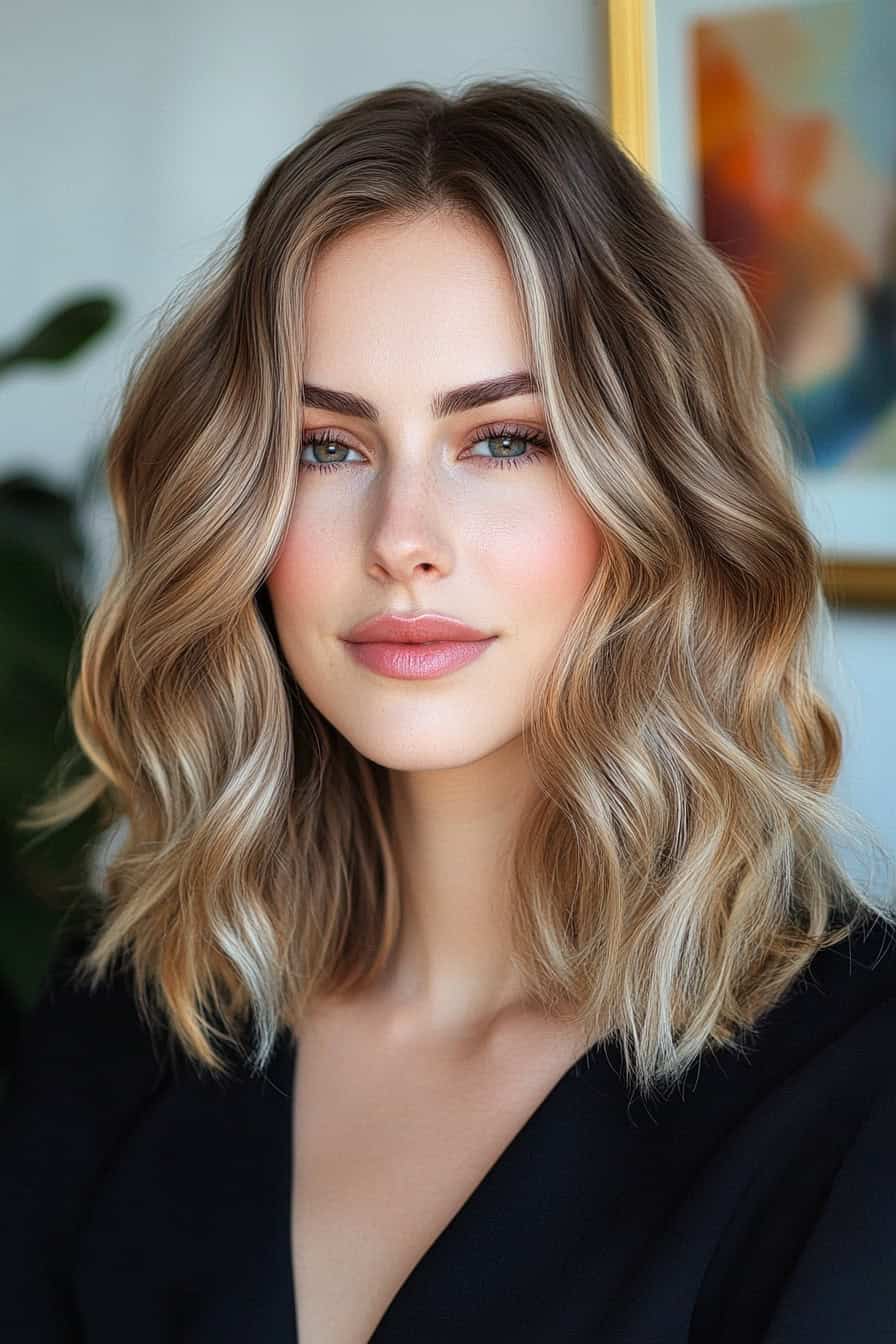 Woman with light brown and blonde wavy hair styled in a textured lob that balances thick hair with modern flair.