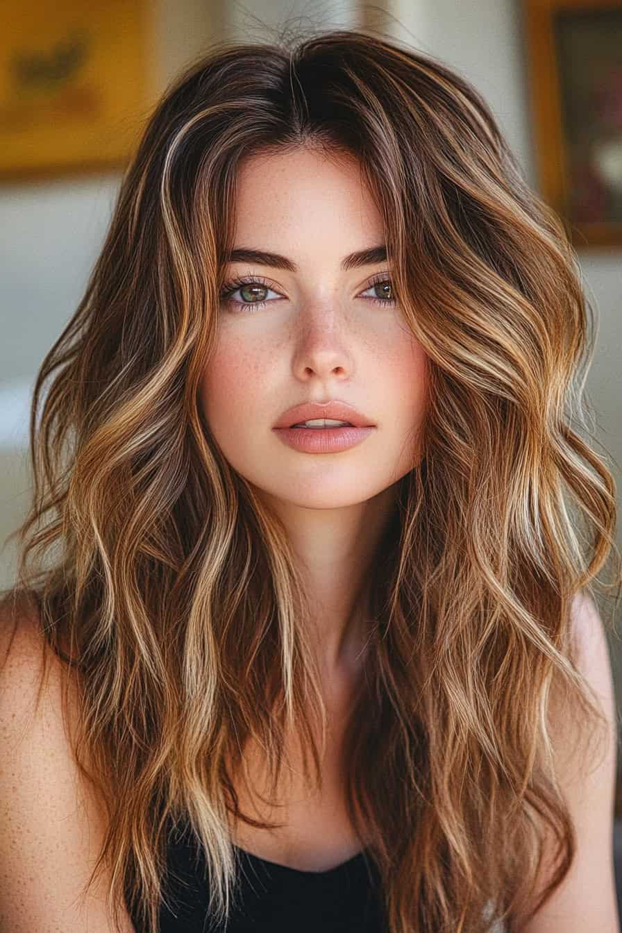 Woman with light brown hair styled in layered beach waves, adding texture and depth to her hairstyle.