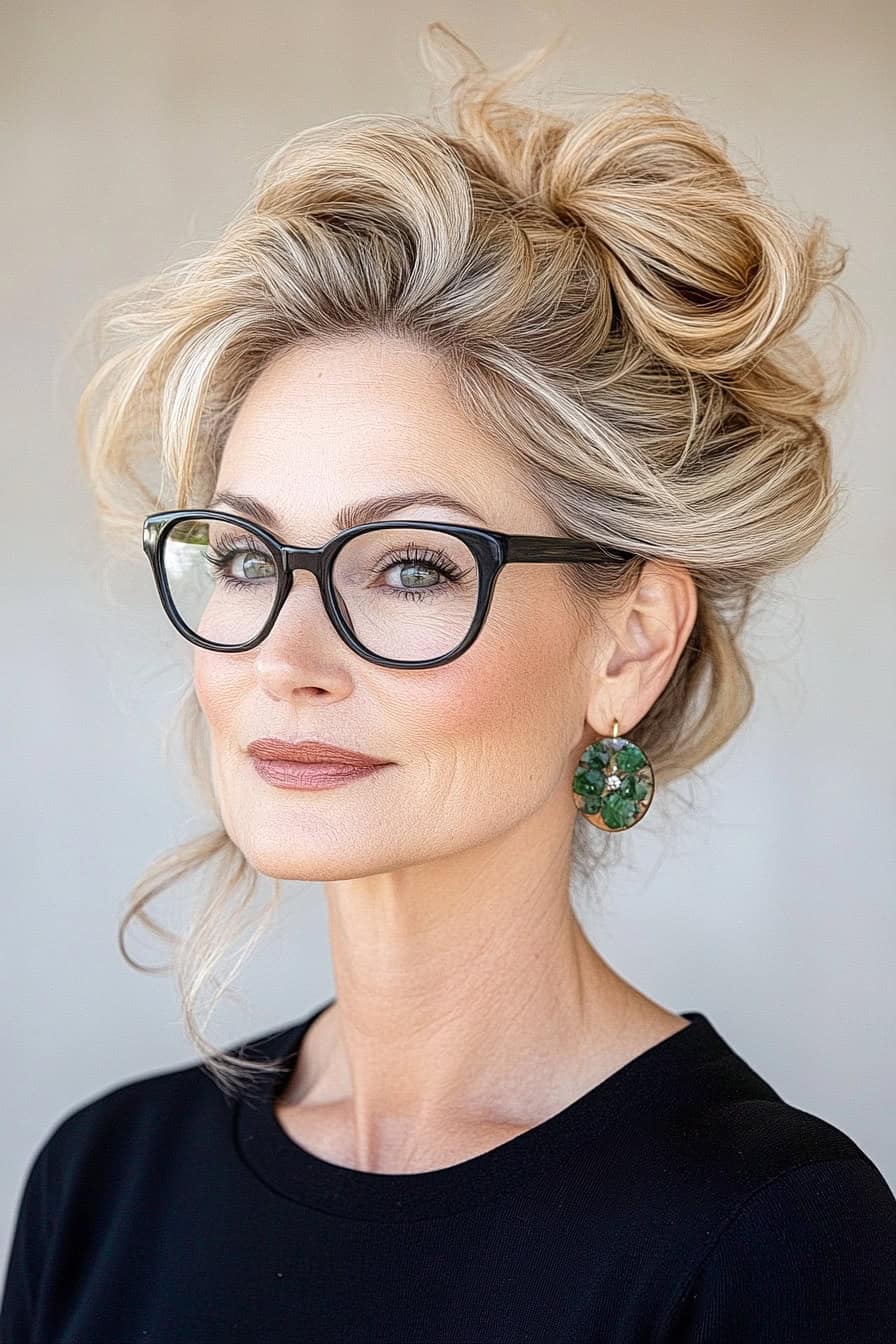 Woman with light brown updo hairstyle styled with loose tendrils around her face, enhancing her glasses and adding elegance to her look.