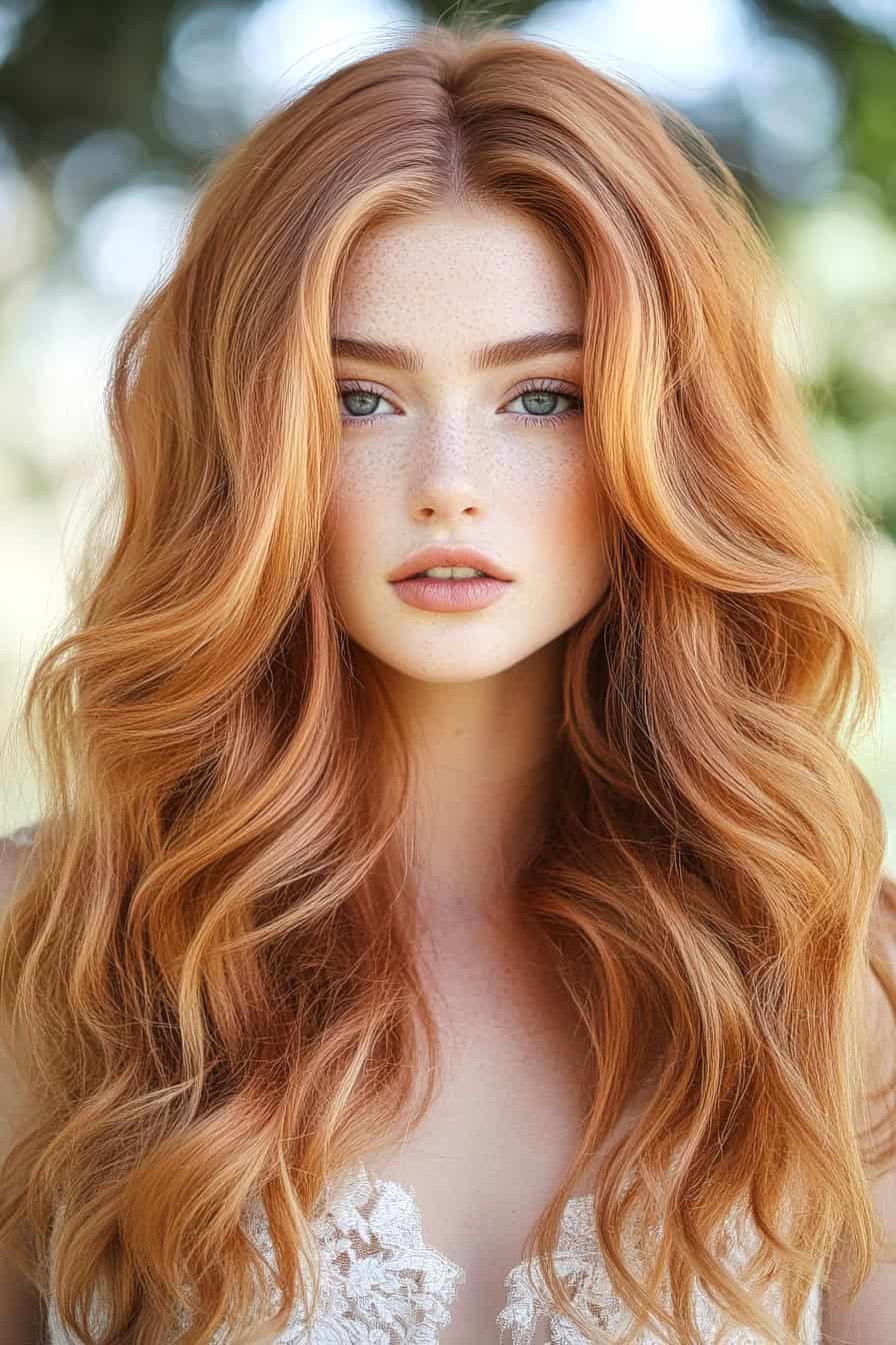 Woman with long auburn wavy hair styled in soft beachy waves with layers, adding movement and texture.