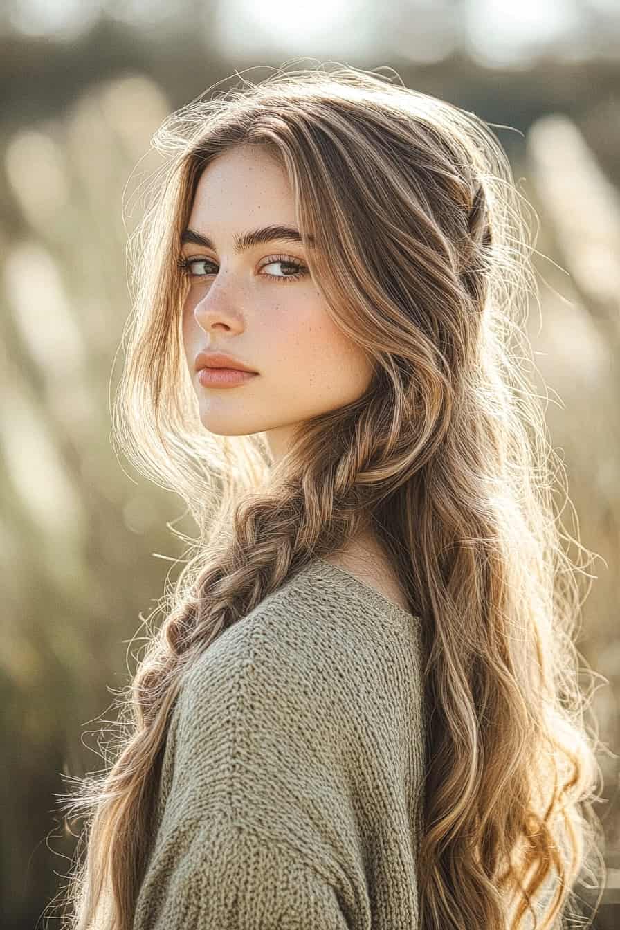 Woman with long braided hair and beachy waves, styled in a side braid that complements an oval face.