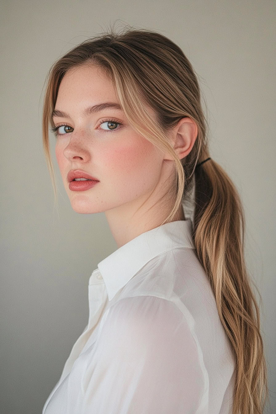 Woman with long brown ponytail styled with relaxed texture, flattering an oval face.