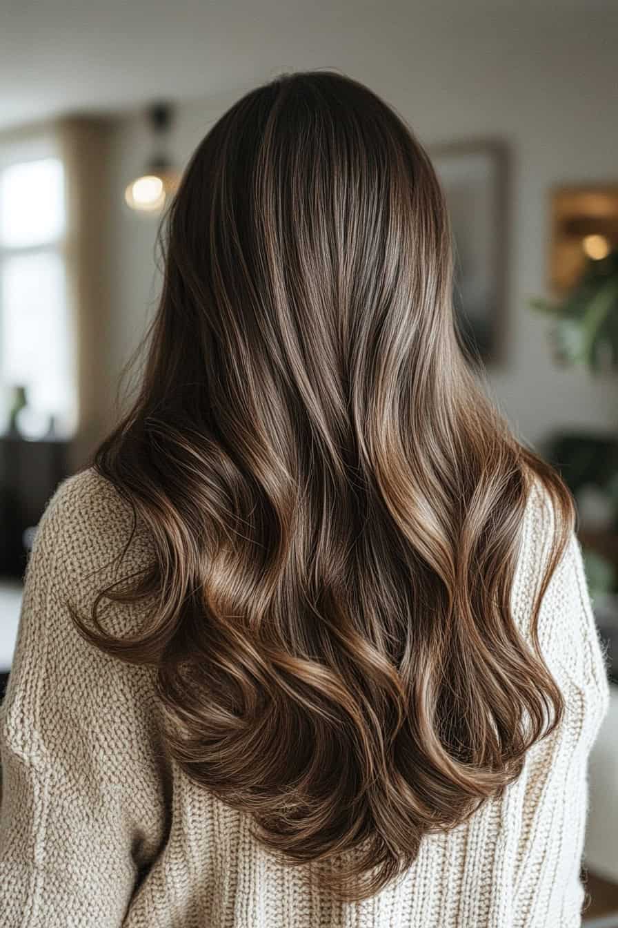 Woman with long brown wavy hair styled in a V-cut that adds a stylish edge and dimension.