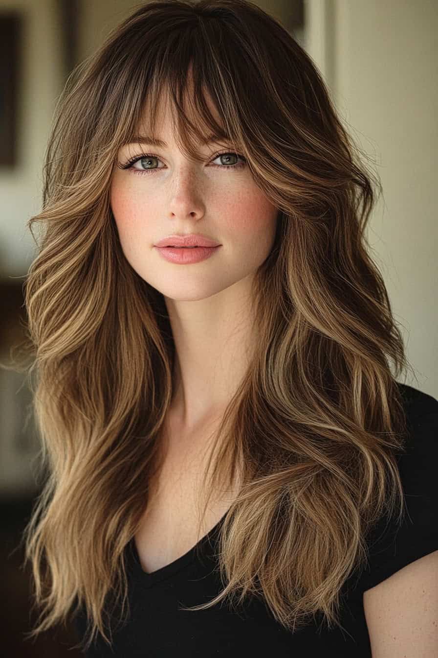 Woman with long brown wavy hair featuring textured layers that add depth and definition to thick hair.