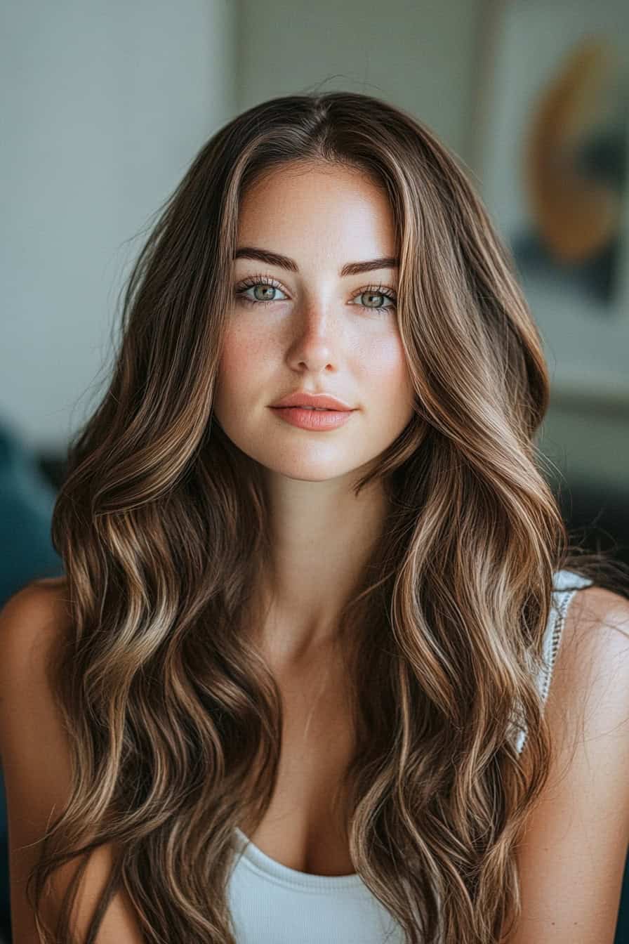 Woman with long brown wavy hair styled with synthetic extensions, creating effortless beach waves.