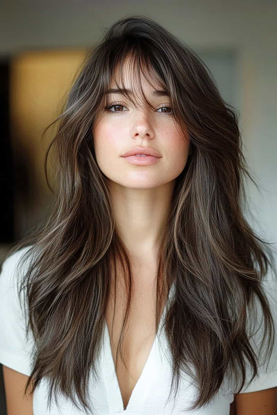 Young woman with flowing brown hair and a white shirt exudes confidence and natural beauty.