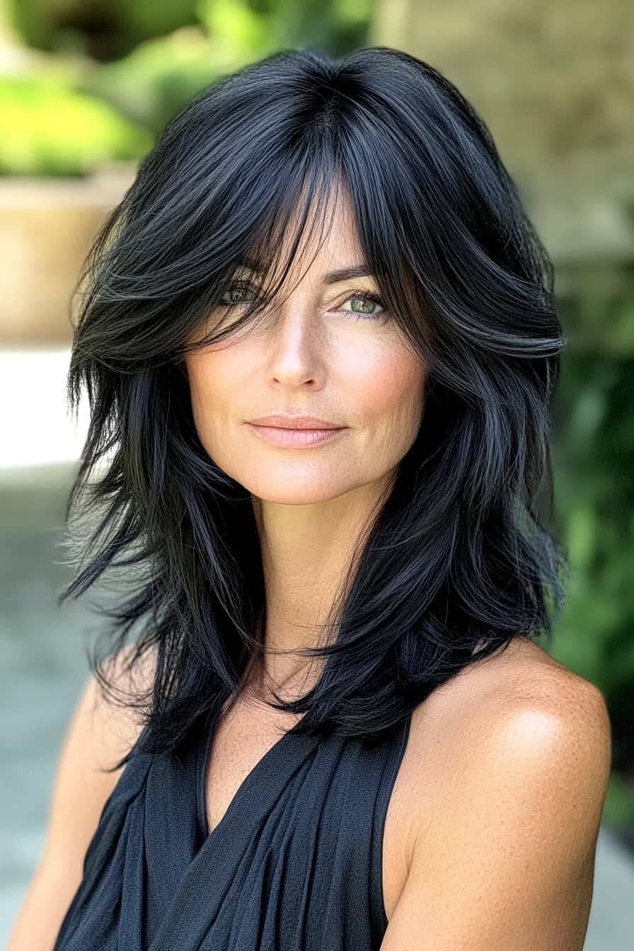 Woman with long dark waves styled in a minimalist shag with subtle layers, adding depth and simplicity to her fine hair.