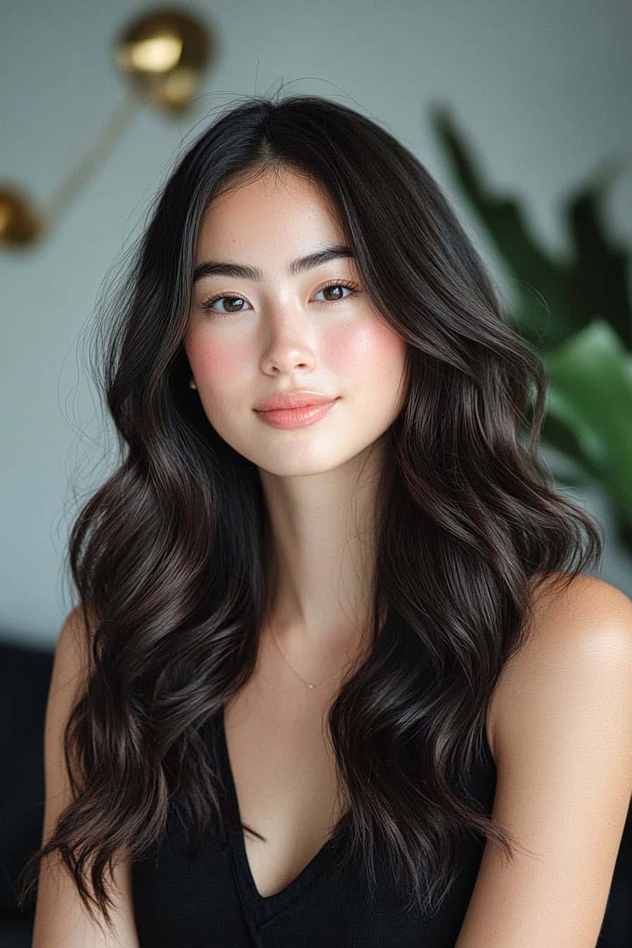 Woman with long dark wavy hair styled using Asian beach wave techniques, featuring defined and smooth waves.