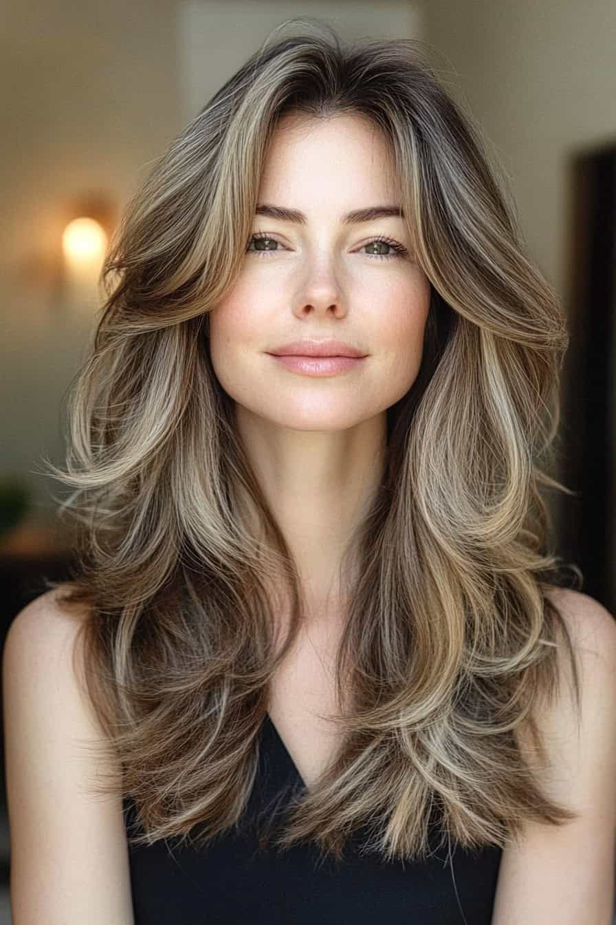 Woman with long flowing waves haircolor styled in a statement shag with face-framing layers, flattering an oval face.