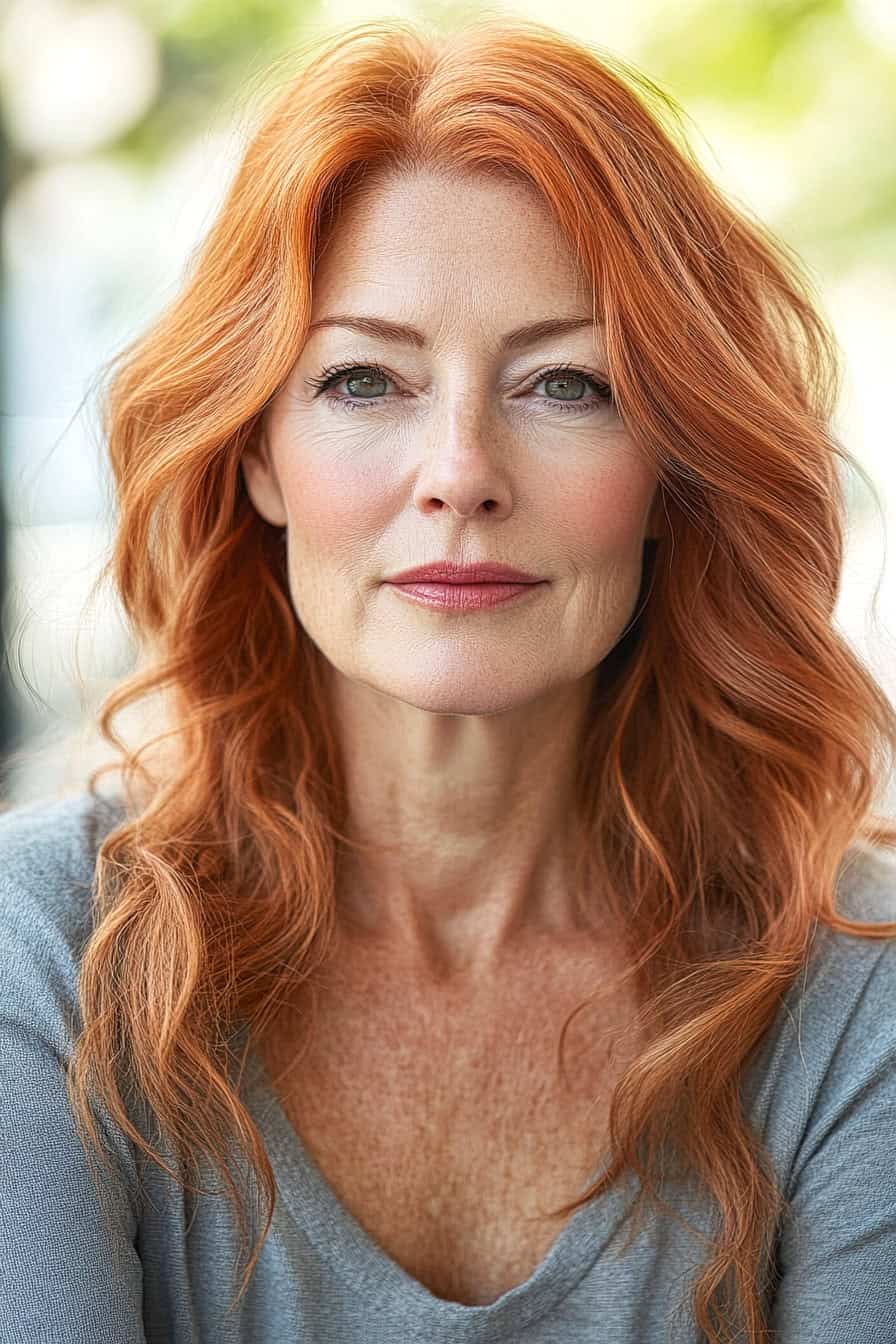 Woman with long red cascading hair styled in casual beachy waves, adding volume and a relaxed beach-inspired look.