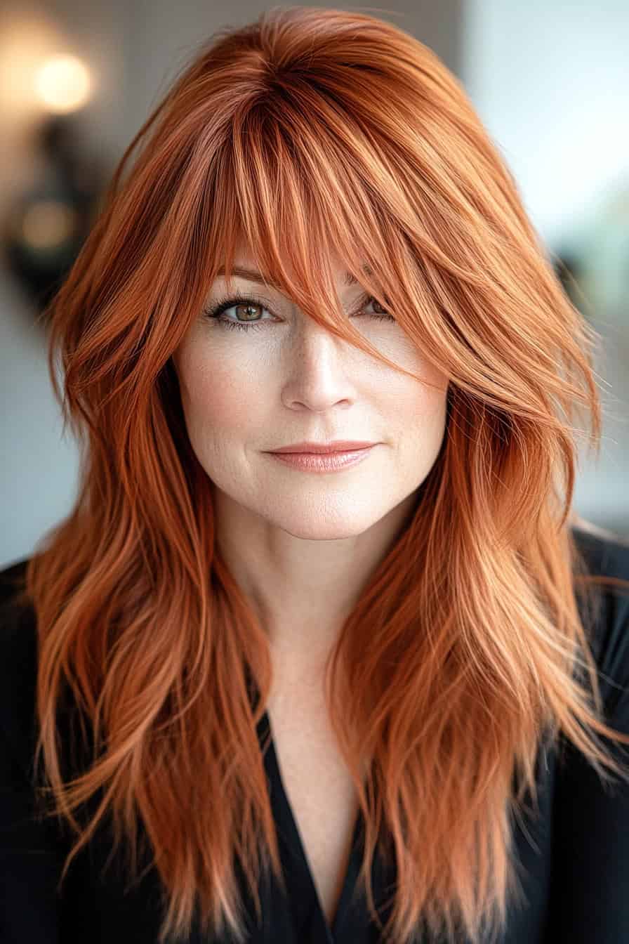 Woman with long red hair styled in an edgy layered cut with feathered bangs, adding volume and a modern twist.