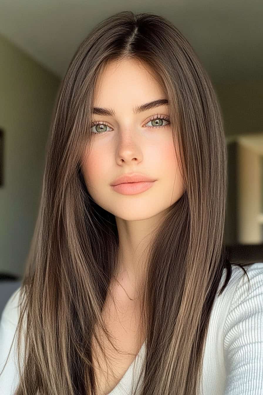 Portrait of a young woman with long brown hair and striking green eyes in a white top.