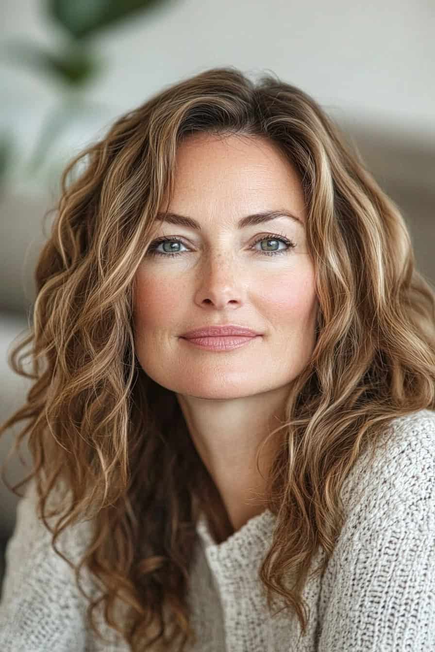 Warm portrait of a woman with wavy hair, bright eyes, and a cozy sweater.