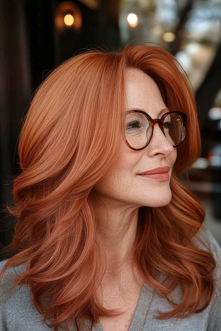 Woman with long wavy auburn hair styled with face-framing layers, complementing her glasses and enhancing her features.