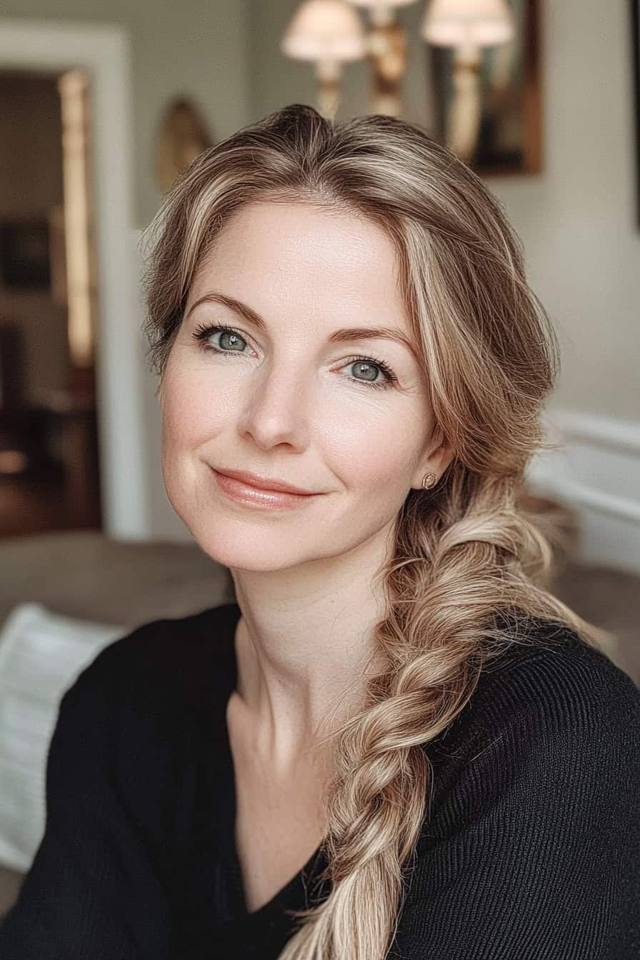 Woman with long wavy braided hair styled in a chic medium length braid, adding sophistication and style.