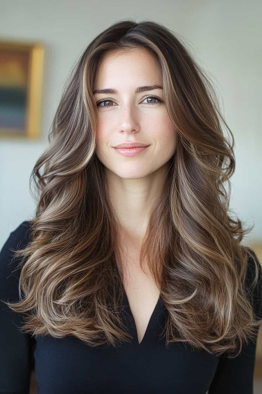 Woman with long wavy dark brown hair featuring long layers and face-framing pieces for enhanced elegance.