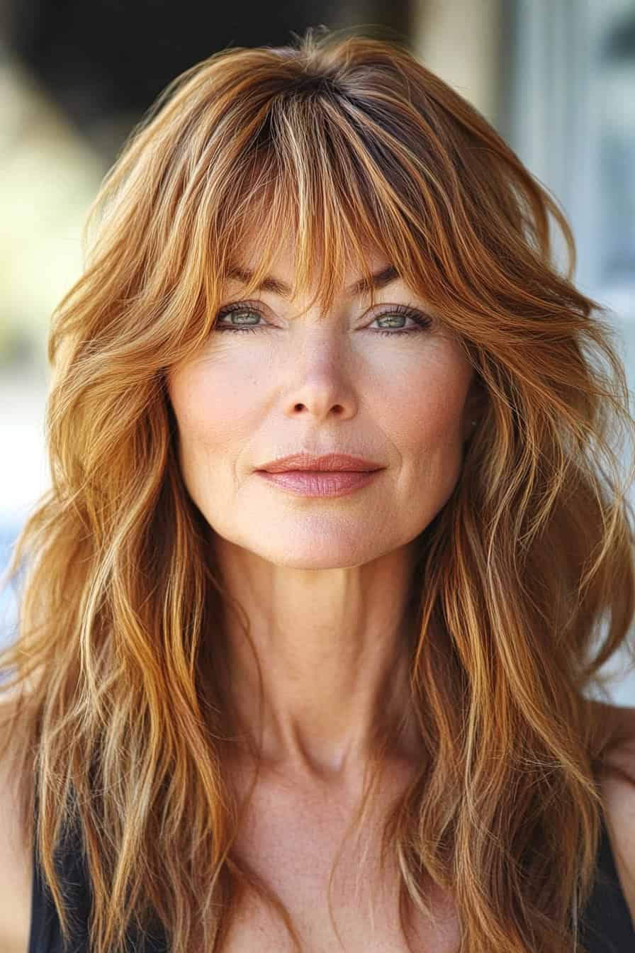 Woman with long wavy golden brown hair styled in layered long layers with textured bangs, adding volume and a flattering frame.